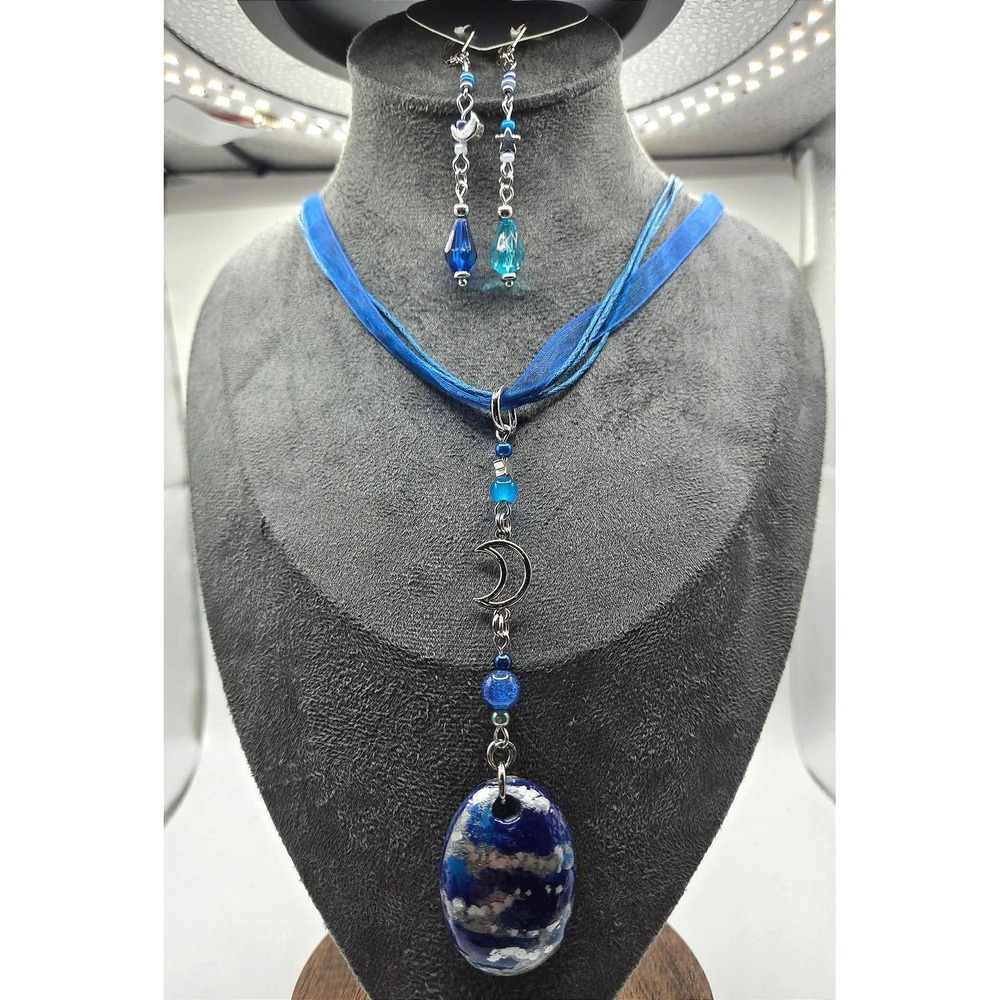 Handmade Necklace Set Blue Ribbon Witchy y2k Moon Star Motifs Celestial Y-shape